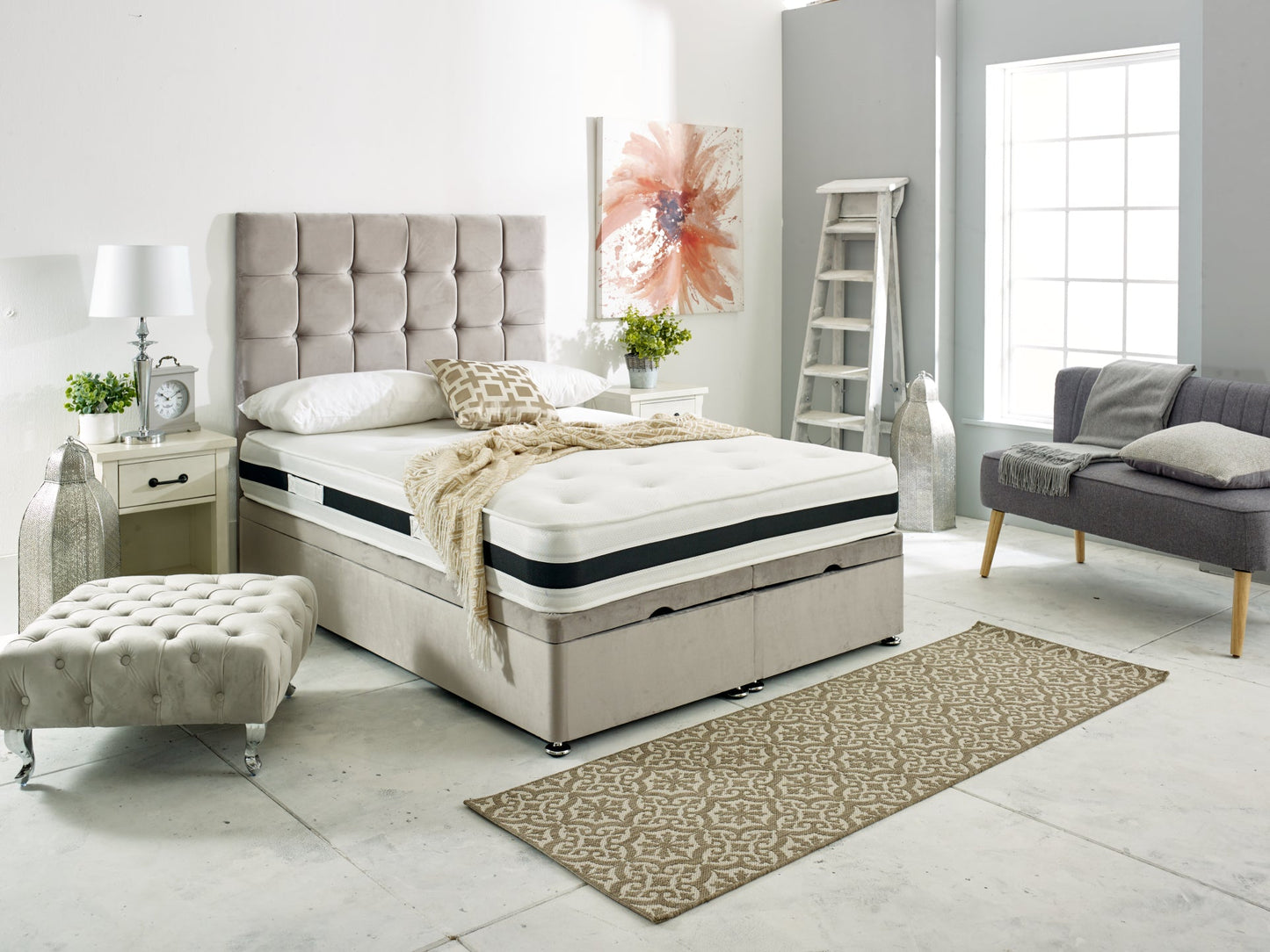 Sloane Ottoman Bed – Cubic Button Headboard - End Lift